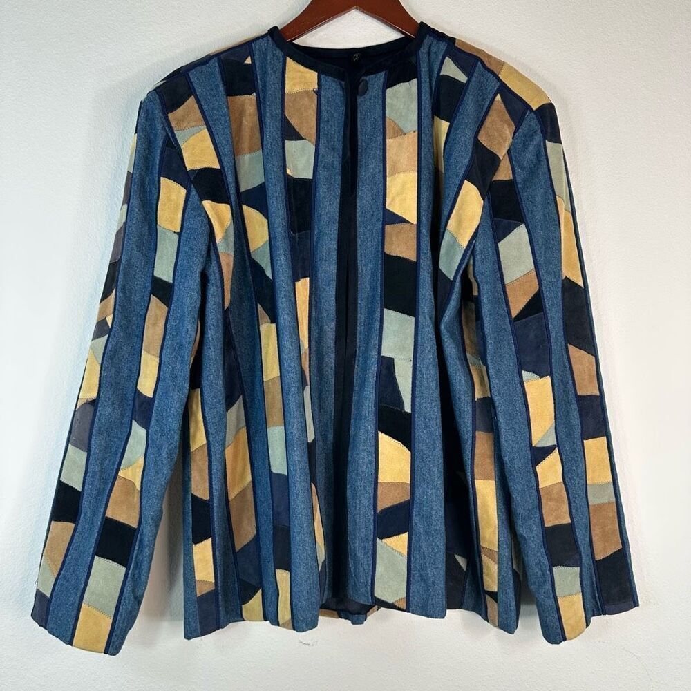 Vintage Artisan Made Denim Leather Patchwork Jacket Womens‎ Medium Boho Artsy